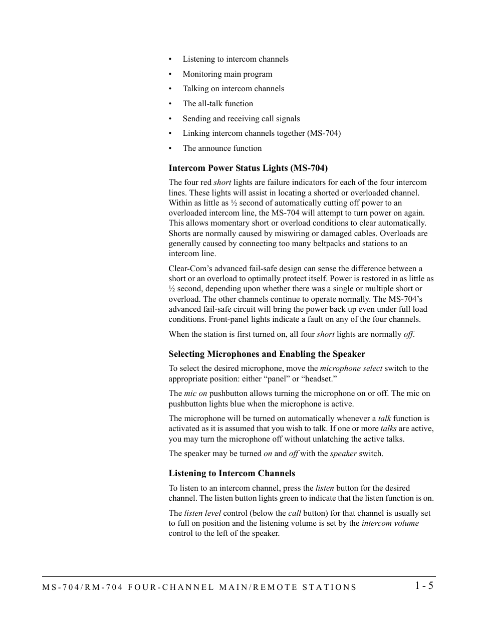 Intercom power status lights (ms-704), Selecting microphones and enabling the speaker, Listening to intercom channels | Clear-Com RM-704 User Manual | Page 11 / 46