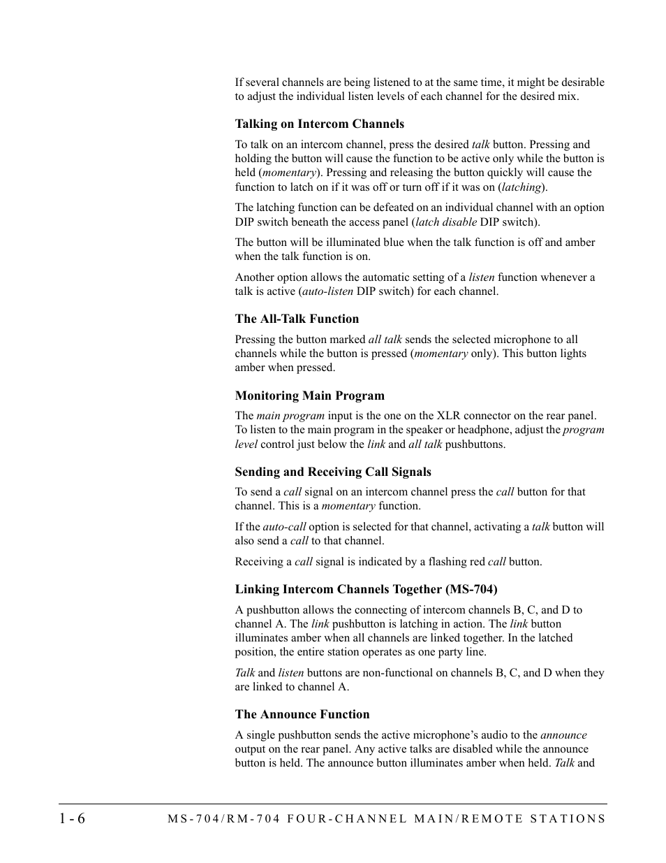 Talking on intercom channels, The all-talk function, Monitoring main program | Sending and receiving call signals, Linking intercom channels together (ms-704), The announce function | Clear-Com RM-704 User Manual | Page 12 / 46