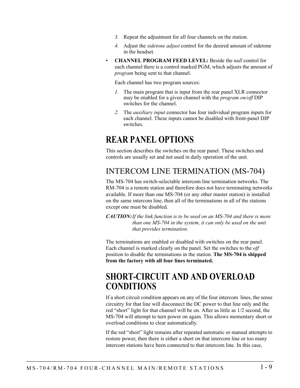 Rear panel options, Intercom line termination (ms-704), Short-circuit and and overload conditions | Rear panel options -9, Intercom line termination (ms-704) -9, Short-circuit and and overload conditions -9 | Clear-Com RM-704 User Manual | Page 15 / 46