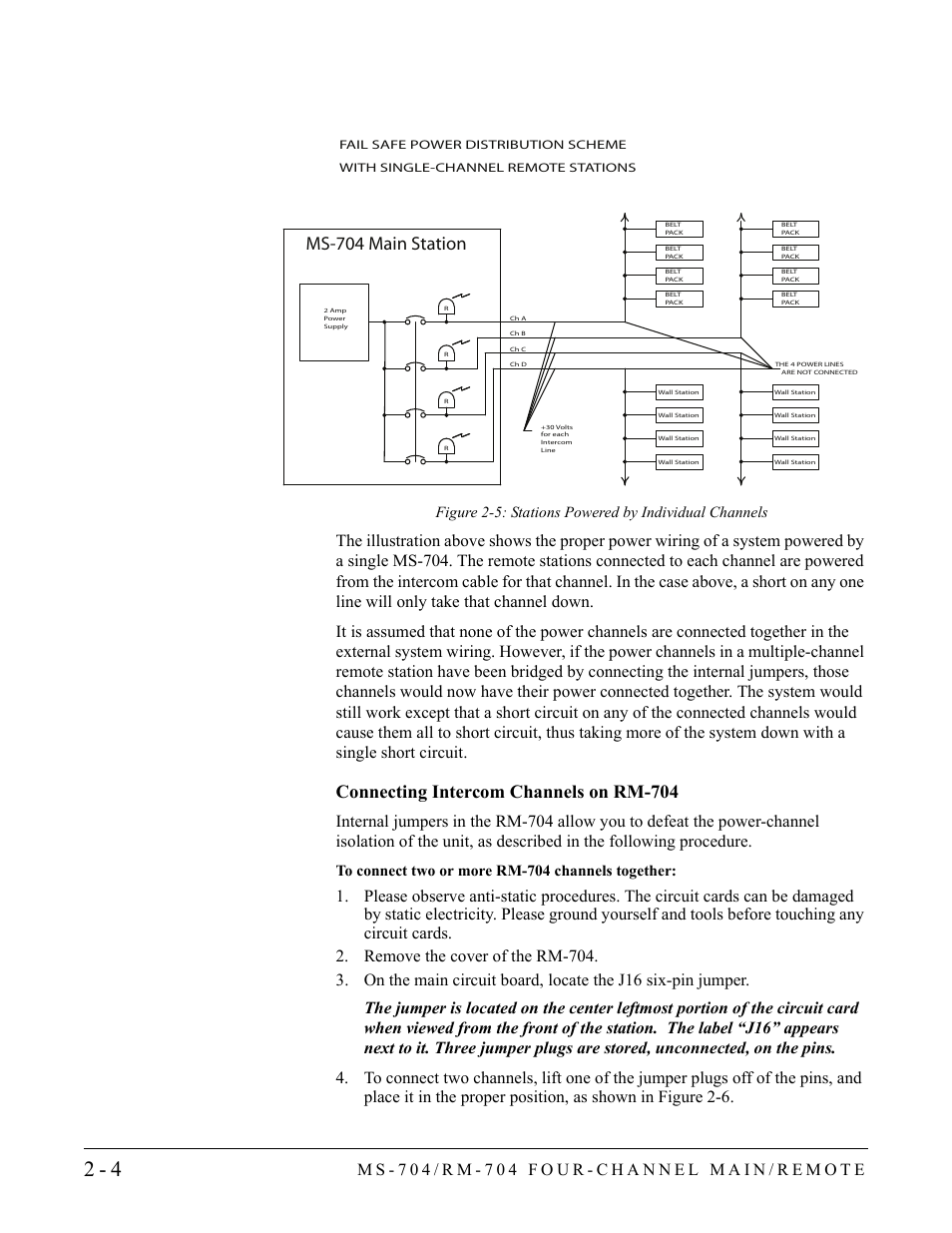 Connecting intercom channels on rm-704, Connecting intercom channels on rm-704 -4, Ms-704 main station | Clear-Com RM-704 User Manual | Page 22 / 46