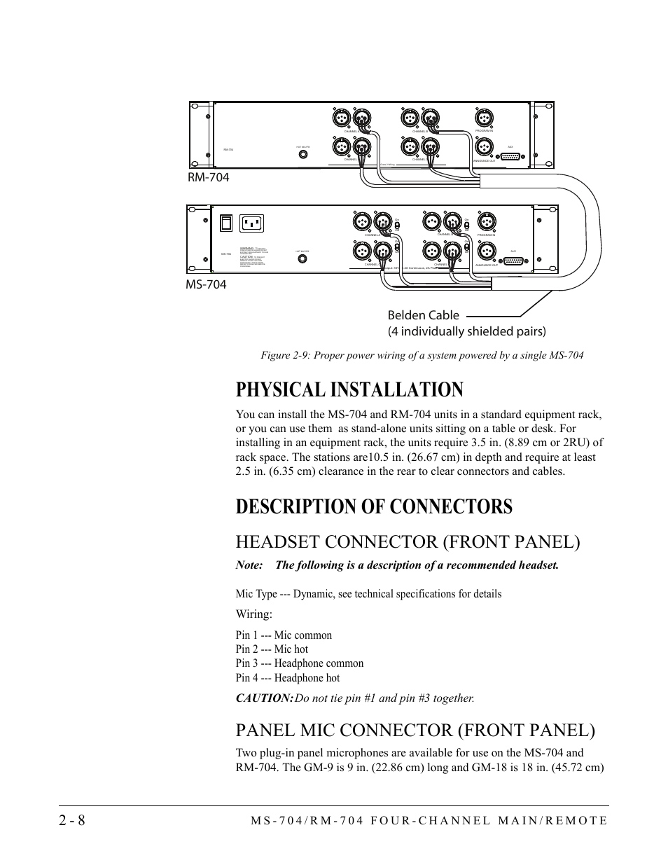 Physical installation, Description of connectors, Headset connector (front panel) | Panel mic connector (front panel), Belden cable (4 individually shielded pairs) | Clear-Com RM-704 User Manual | Page 26 / 46