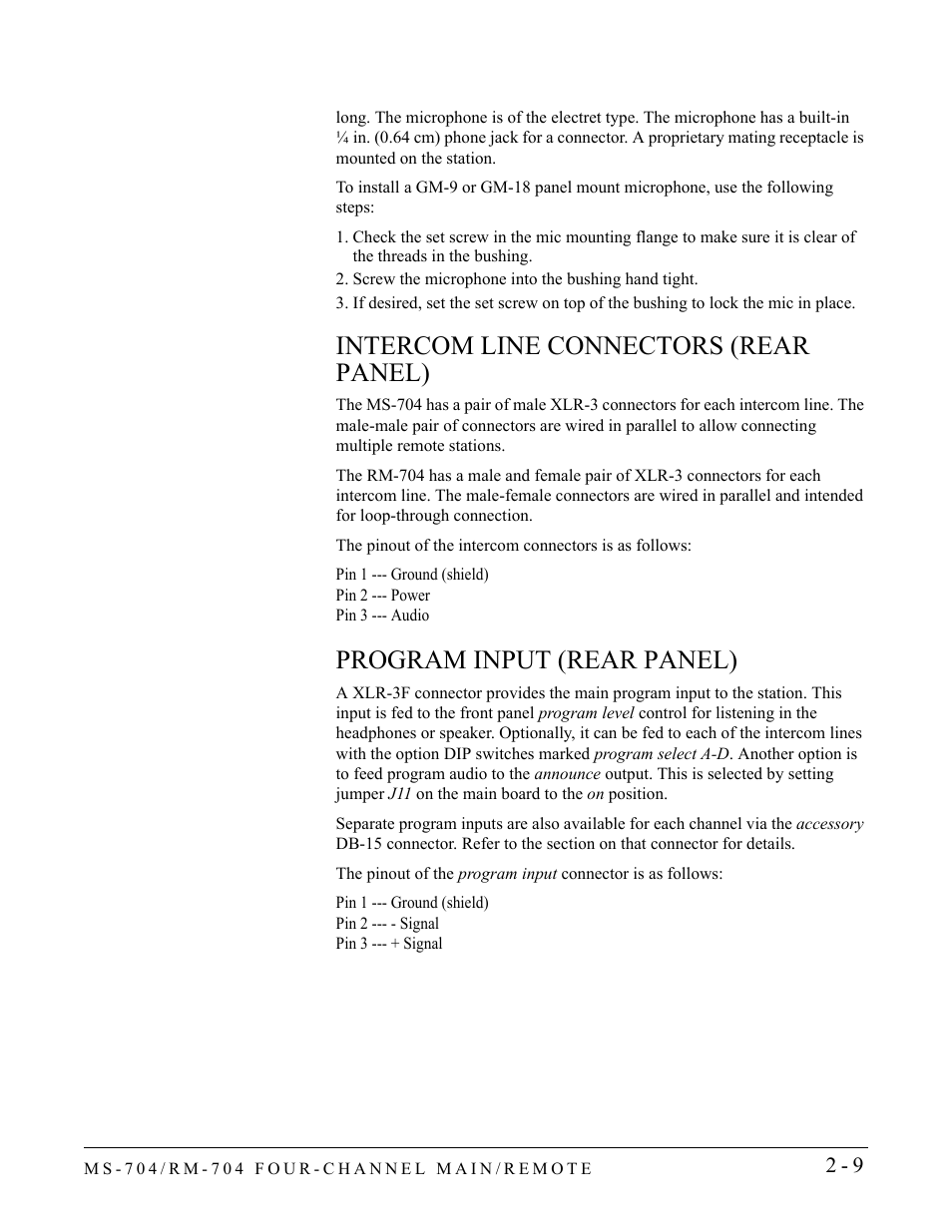 Intercom line connectors (rear panel), Program input (rear panel) | Clear-Com RM-704 User Manual | Page 27 / 46