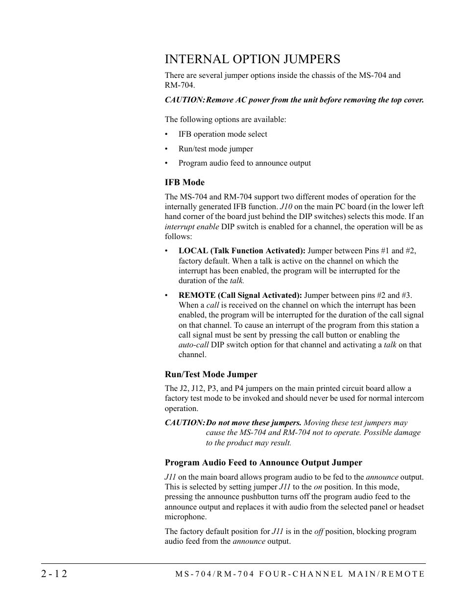 Internal option jumpers, Ifb mode, Run/test mode jumper | Program audio feed to announce output jumper, Internal option jumpers -12 | Clear-Com RM-704 User Manual | Page 30 / 46