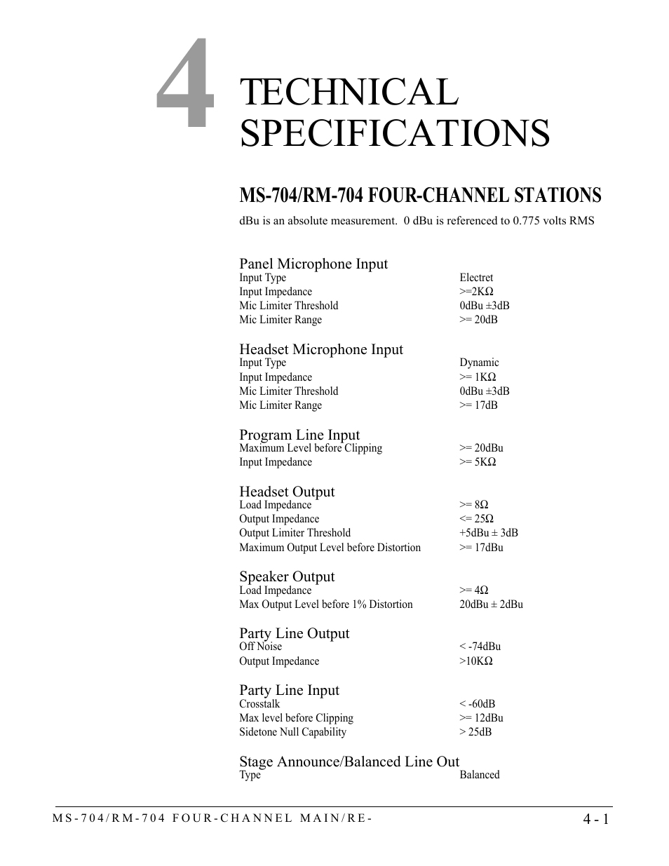 Technical specifications, Ms-704/rm-704 four-channel stations, Technical specifications -1 | Ms-704/rm-704 four-channel stations -1 | Clear-Com RM-704 User Manual | Page 37 / 46