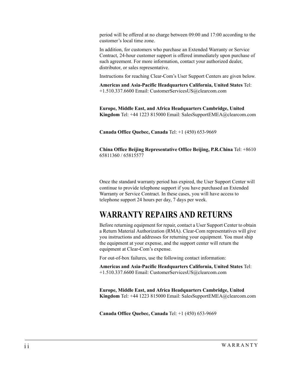 Warranty repairs and returns | Clear-Com RM-704 User Manual | Page 44 / 46