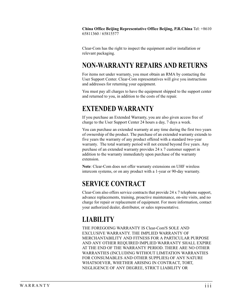 Non-warranty repairs and returns, Extended warranty, Service contract | Liability | Clear-Com RM-704 User Manual | Page 45 / 46
