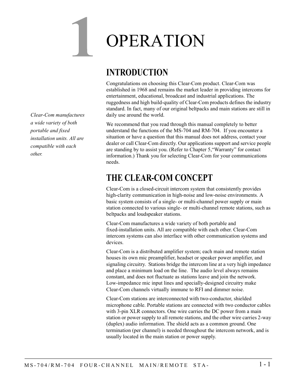 Operation, Introduction, The clear-com concept | Operation -1, Introduction -1 the clear-com concept -1 | Clear-Com RM-704 User Manual | Page 7 / 46