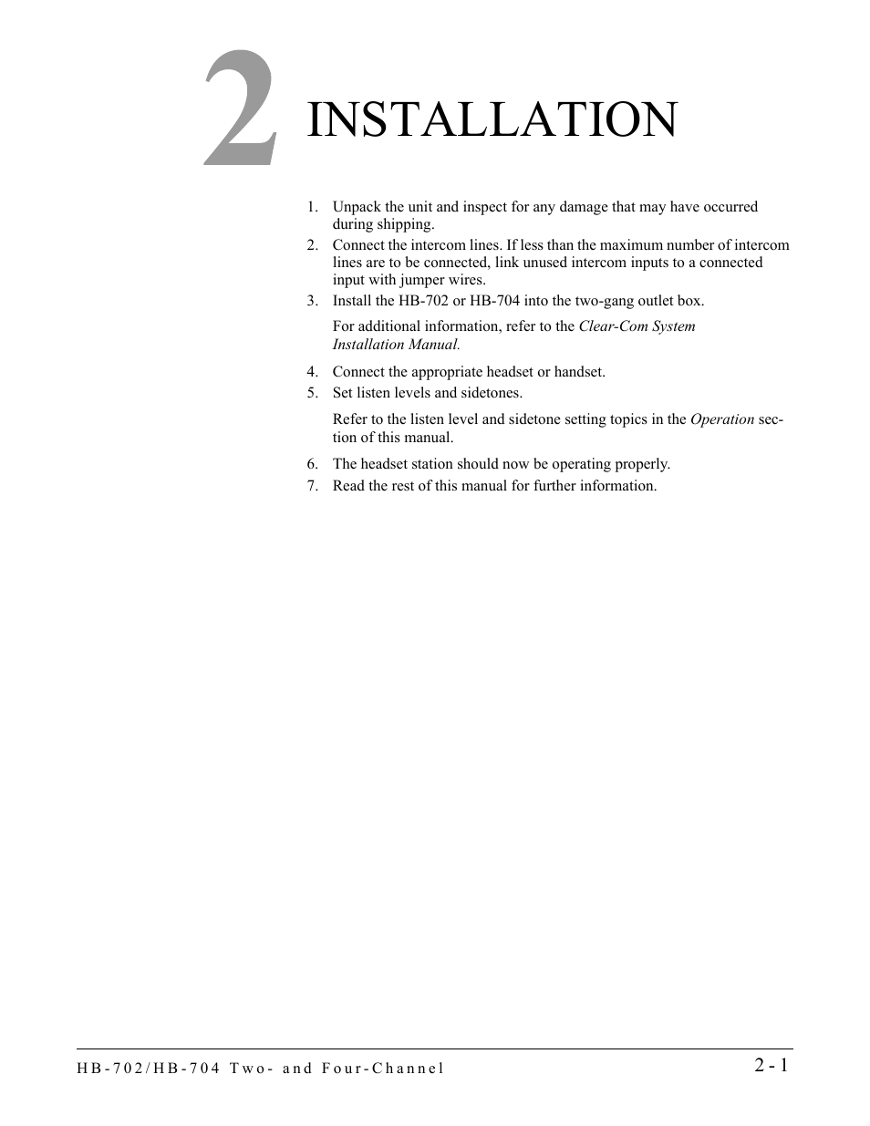 Installation, Installation -1 | Clear-Com HB-704 User Manual | Page 13 / 24