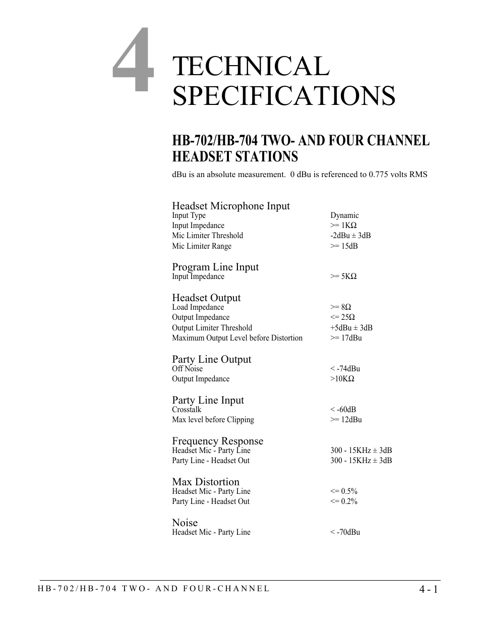 Technical specifications, Technical specifications -1 | Clear-Com HB-704 User Manual | Page 19 / 24