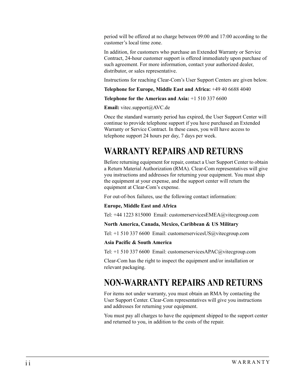 Warranty repairs and returns, Non-warranty repairs and returns | Clear-Com HB-704 User Manual | Page 22 / 24