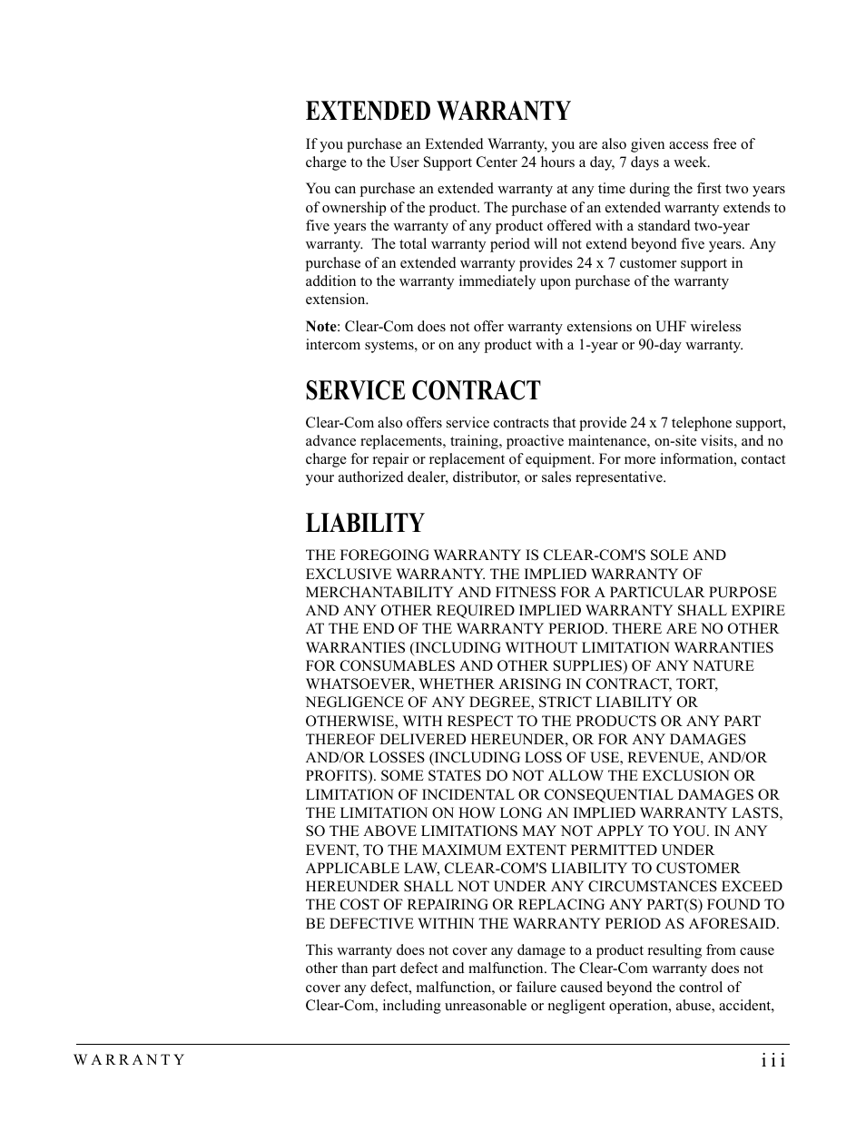 Extended warranty, Service contract, Liability | Clear-Com HB-704 User Manual | Page 23 / 24