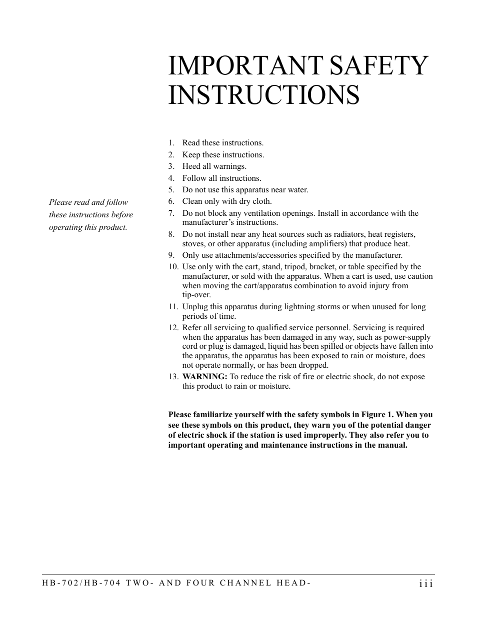 Important safety instructions | Clear-Com HB-704 User Manual | Page 5 / 24