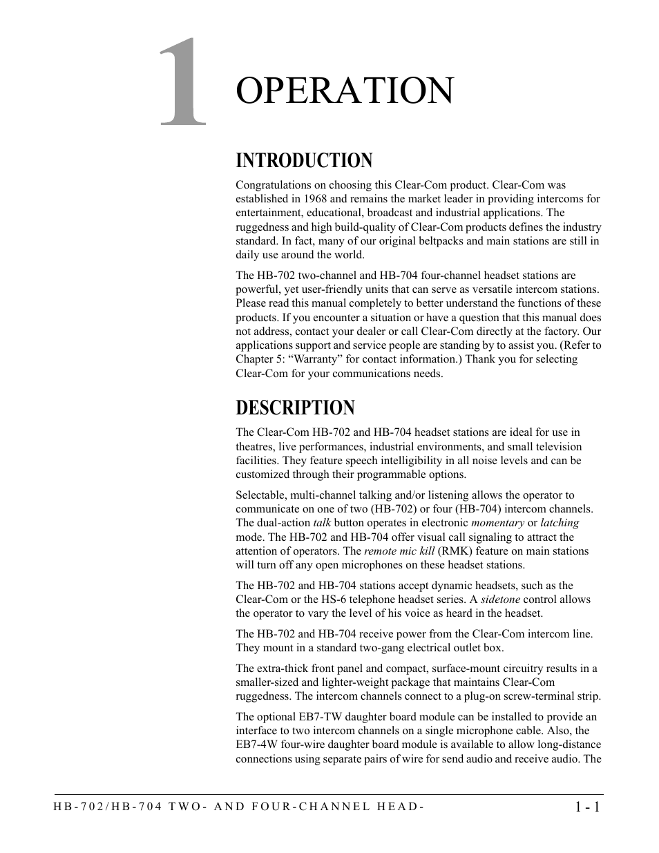 Operation, Introduction, Description | Operation -1, Introduction -1 description -1 | Clear-Com HB-704 User Manual | Page 7 / 24