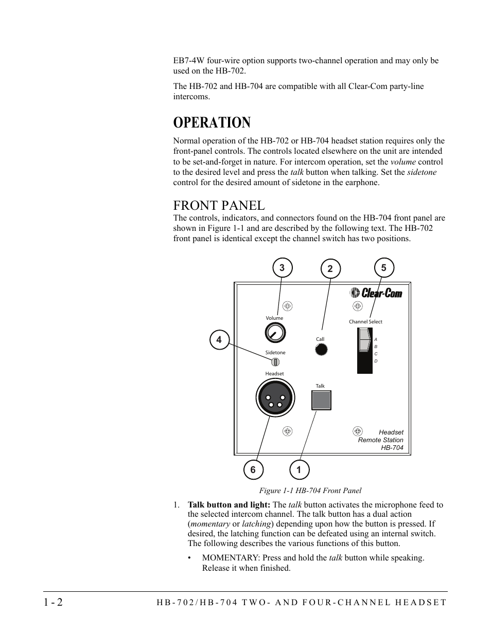 Operation, Front panel, Operation -2 | Front panel -2 | Clear-Com HB-704 User Manual | Page 8 / 24