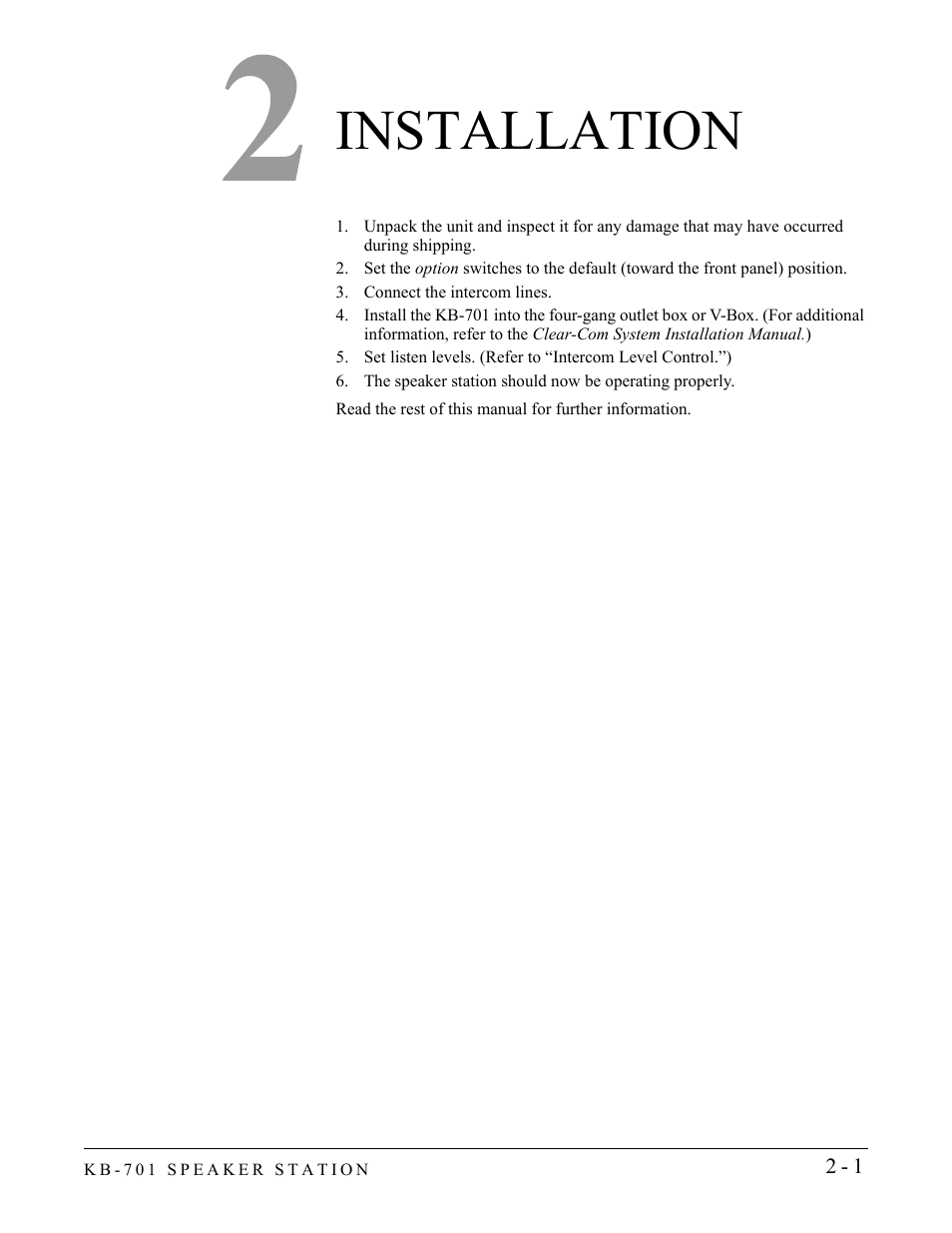 Installation, Installation -1 | Clear-Com KB-701 User Manual | Page 13 / 24