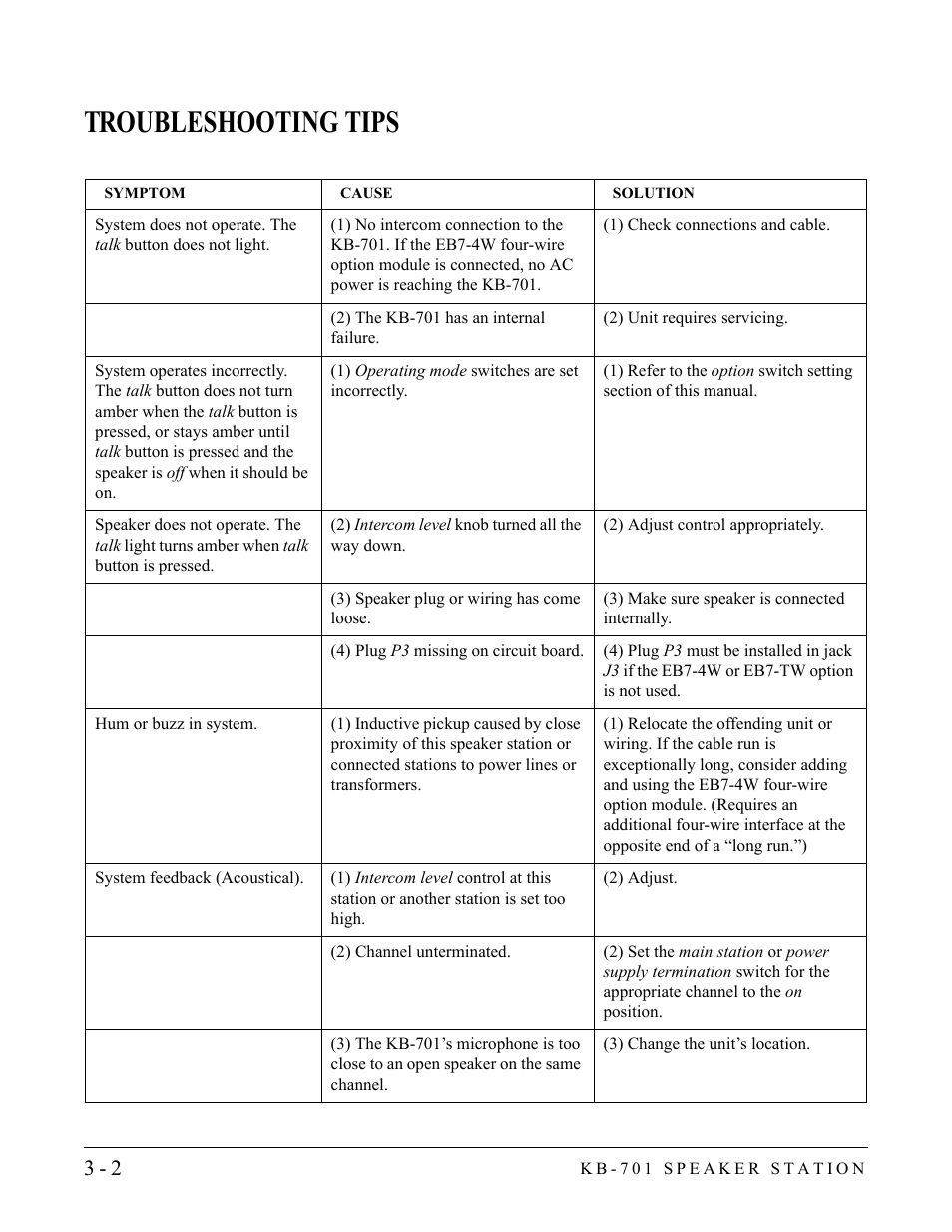 Troubleshooting tips, Troubleshooting tips -2 | Clear-Com KB-701 User Manual | Page 16 / 24