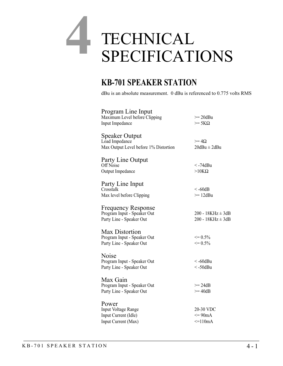 Technical specifications, Kb-701 speaker station, Technical specifications -1 | Kb-701 speaker station -1 | Clear-Com KB-701 User Manual | Page 19 / 24