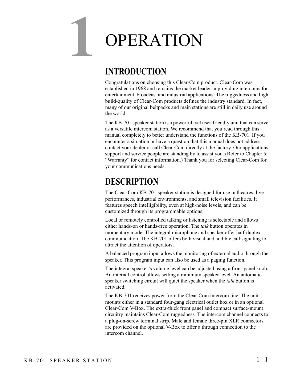 Operation, Introduction, Description | Operation -1, Introduction -1 description -1 | Clear-Com KB-701 User Manual | Page 7 / 24