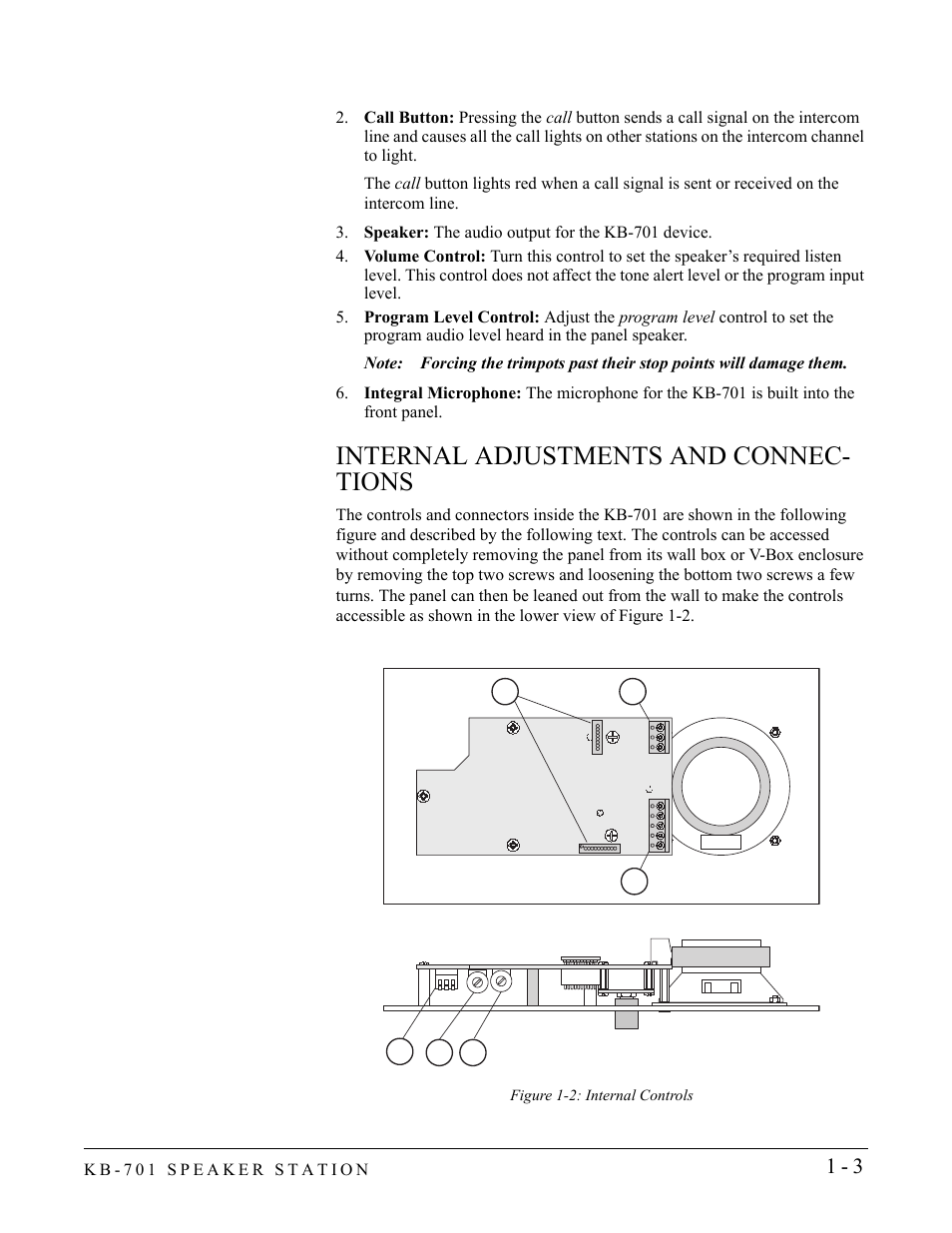 Internal adjustments and connections, Internal adjustments and connections -3, Internal adjustments and connec- tions | Clear-Com KB-701 User Manual | Page 9 / 24