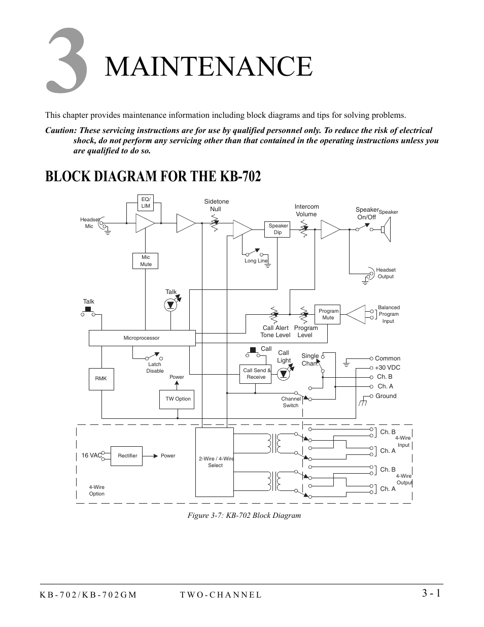 Maintenance, Block diagram for the kb-702, Maintenance -1 | Block diagram for the kb-702 -1 | Clear-Com KB-702GM User Manual | Page 19 / 32