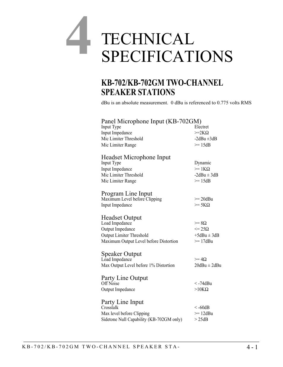 Technical specifications, Kb-702/kb-702gm two-channel speaker stations, Technical specifications -1 | Kb-702/kb-702gm two-channel speaker stations -1 | Clear-Com KB-702GM User Manual | Page 25 / 32