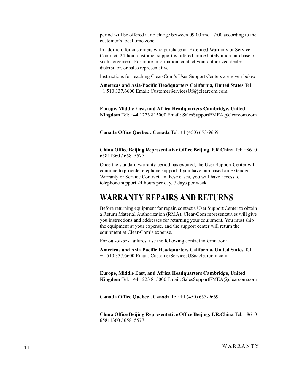 Warranty repairs and returns | Clear-Com KB-702GM User Manual | Page 30 / 32