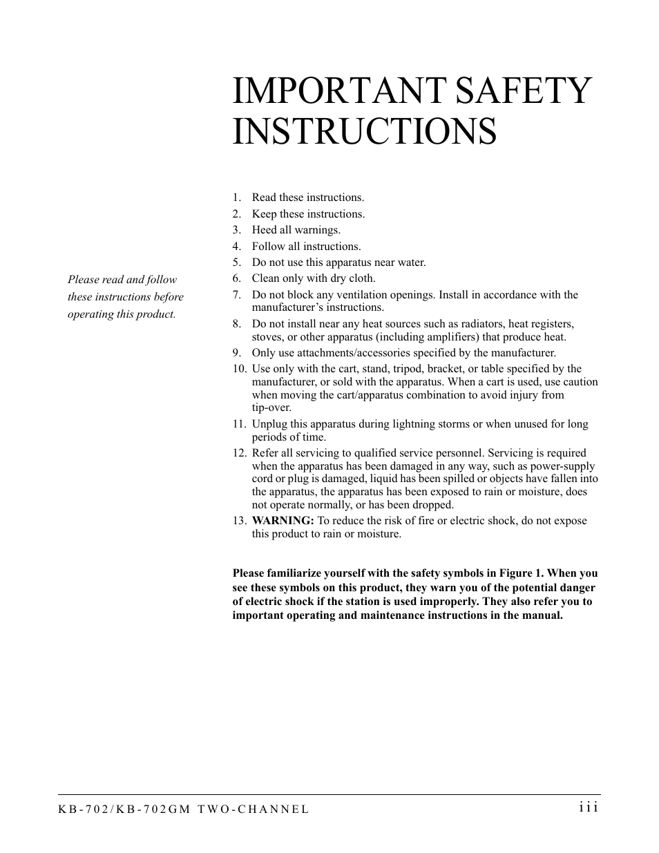 Important safety instructions | Clear-Com KB-702GM User Manual | Page 5 / 32