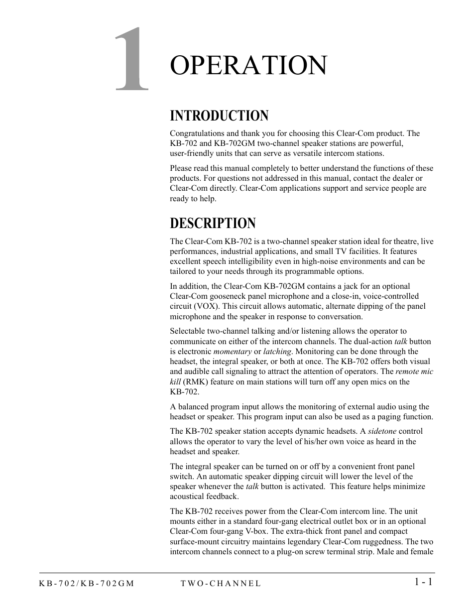 Operation, Introduction, Description | Operation -1, Introduction -1 description -1 | Clear-Com KB-702GM User Manual | Page 7 / 32