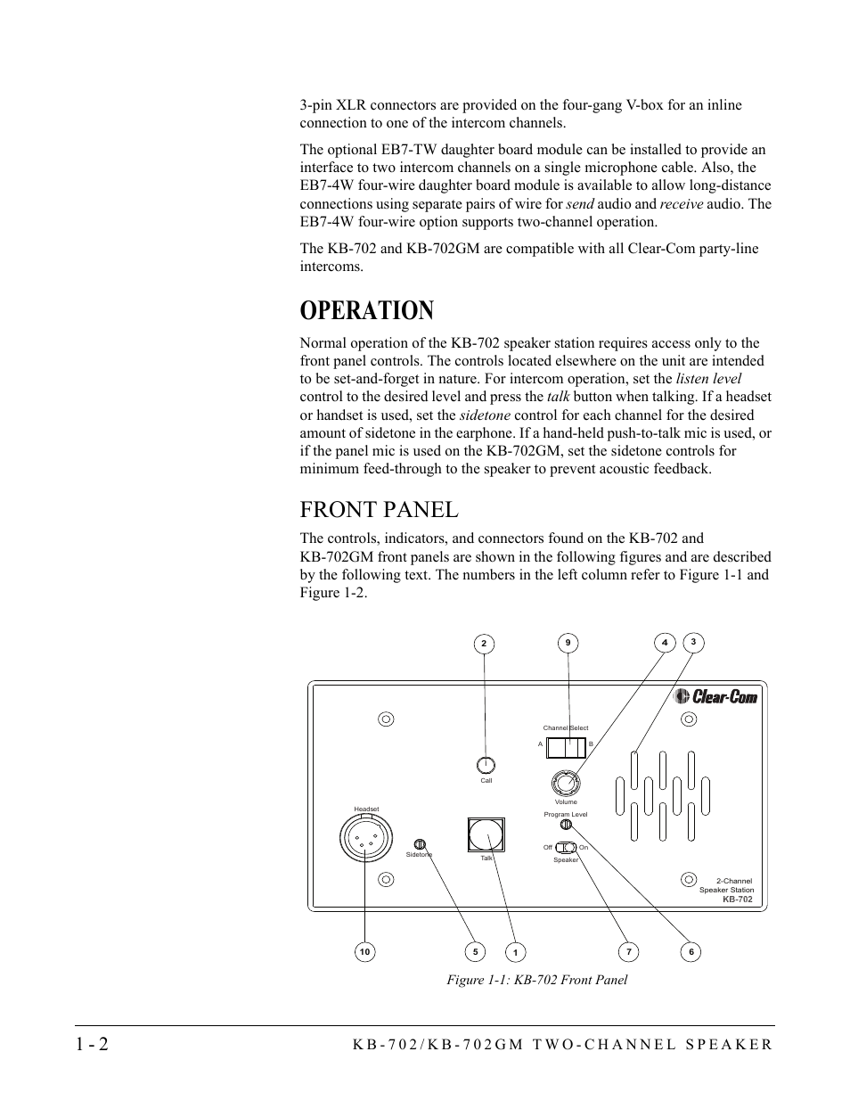 Operation, Front panel, Operation -2 | Front panel -2 | Clear-Com KB-702GM User Manual | Page 8 / 32