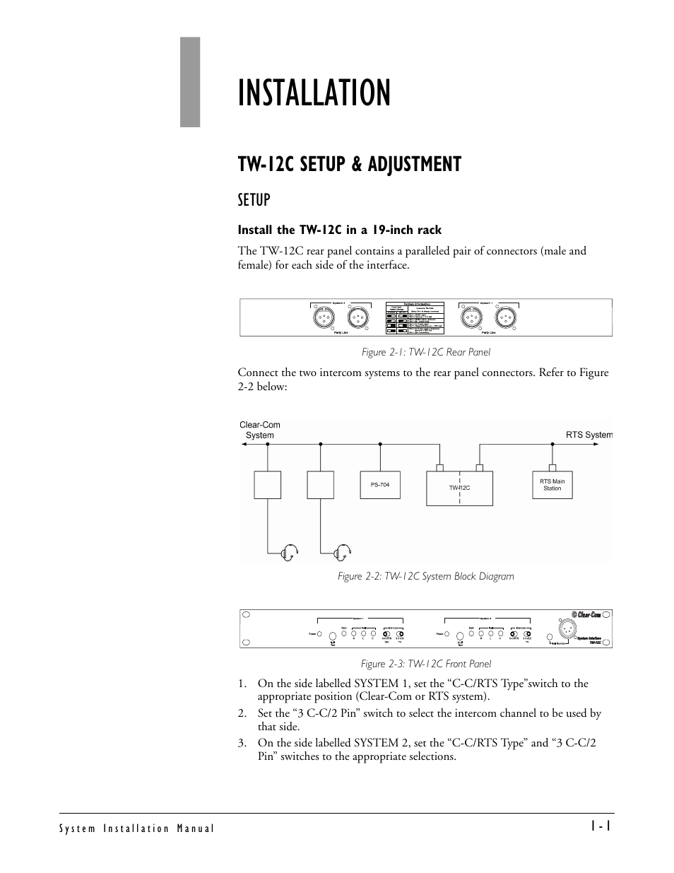 Installation, Tw-12c setup & adjustment, Setup | Install the tw-12c in a 19-inch rack, Installation -1, Tw-12c setup & adjustment -1, Setup -1, Install the tw-12c in a 19-inch rack -1 | Clear-Com TW-12C User Manual | Page 11 / 20