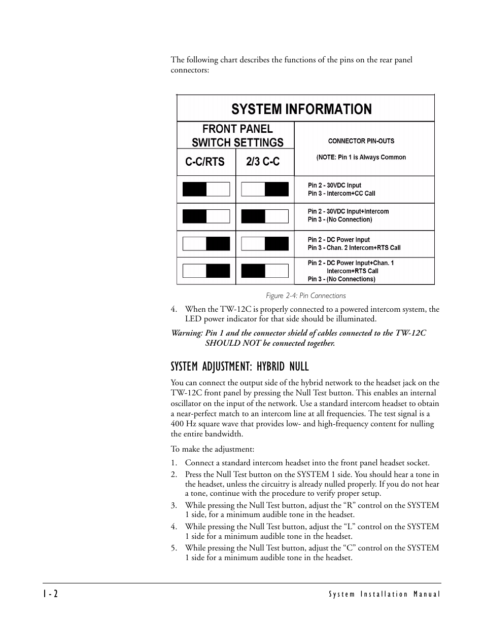 System adjustment: hybrid null, System adjustment: hybrid null -2 | Clear-Com TW-12C User Manual | Page 12 / 20