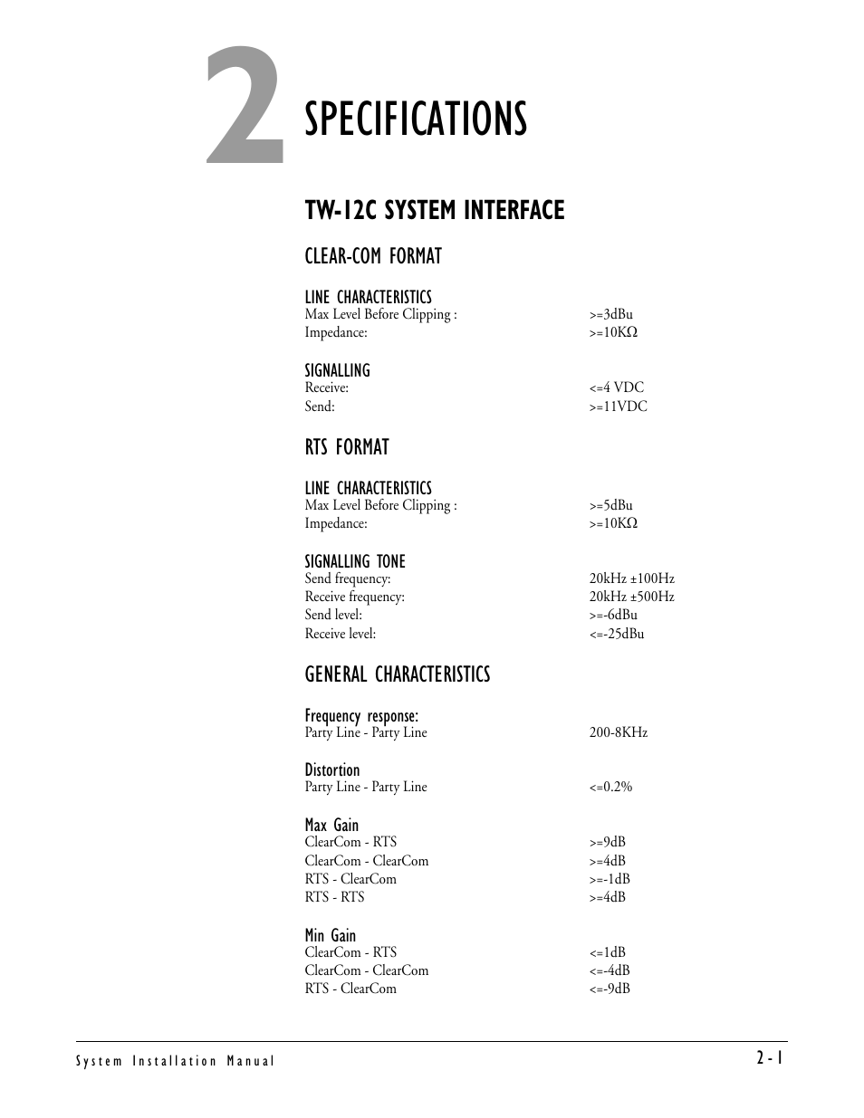 Specifications, Tw-12c system interface, Clear-com format | Rts format, General characteristics, Specifications -1, Tw-12c system interface -1 | Clear-Com TW-12C User Manual | Page 15 / 20