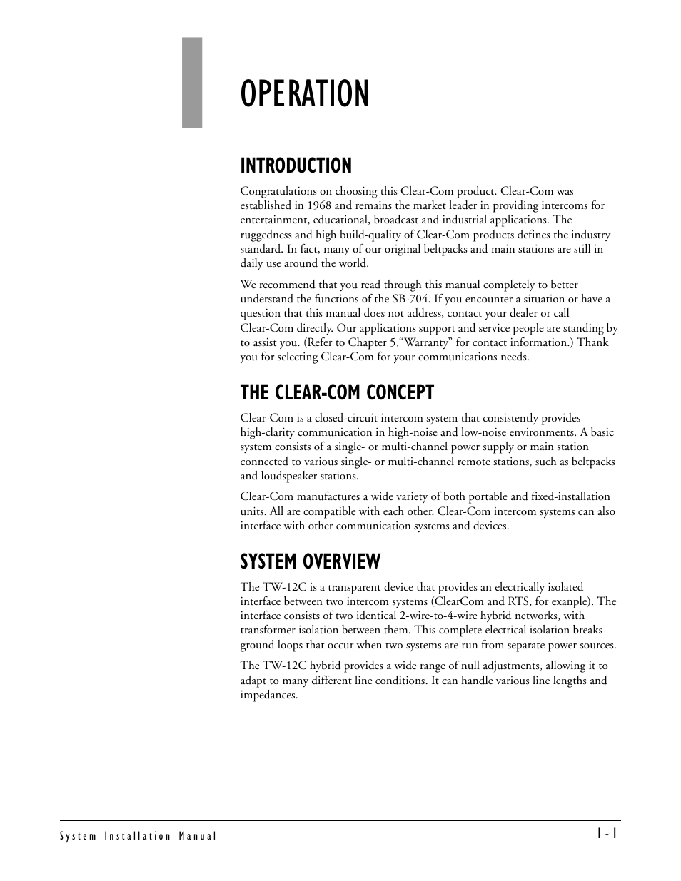 Operation, Introduction, The clear-com concept | System overview, Operation -1 | Clear-Com TW-12C User Manual | Page 7 / 20