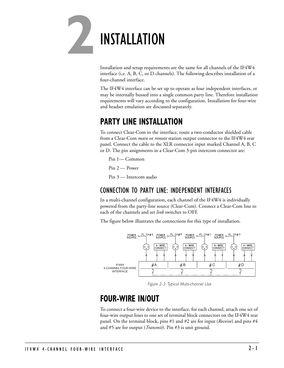 Installation, Party line installation, Connection to party line: independent interfaces | Four-wire in/out, Installation -1, Party line installation -1, Four-wire in/out -1 | Clear-Com IF4W4 User Manual | Page 11 / 20