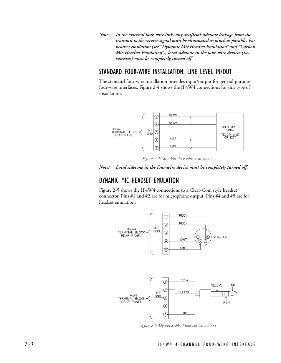 Standard four-wire installation: line level in/out, Dynamic mic headset emulation | Clear-Com IF4W4 User Manual | Page 12 / 20