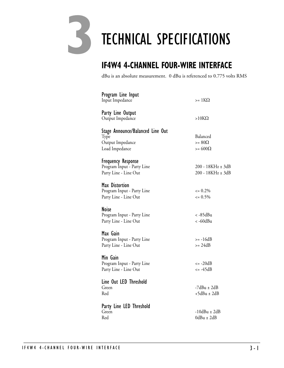 Technical specifications, If4w4 4-channel four-wire interface, Technical specifications -1 | If4w4 4-channel four-wire interface -1 | Clear-Com IF4W4 User Manual | Page 15 / 20