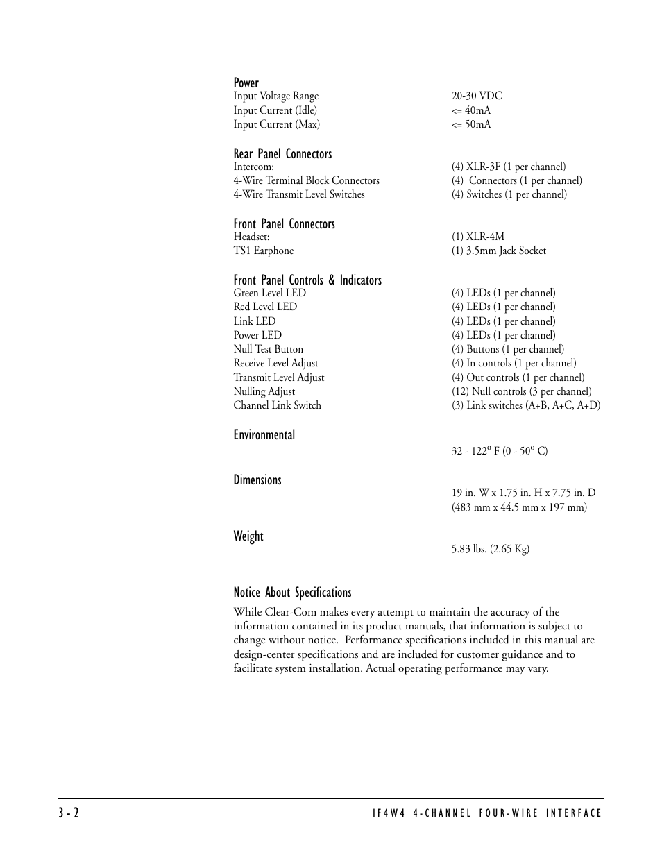 3 - 2 power, Rear panel connectors, Front panel connectors | Front panel controls & indicators, Environmental, Dimensions, Weight, Notice about specifications | Clear-Com IF4W4 User Manual | Page 16 / 20