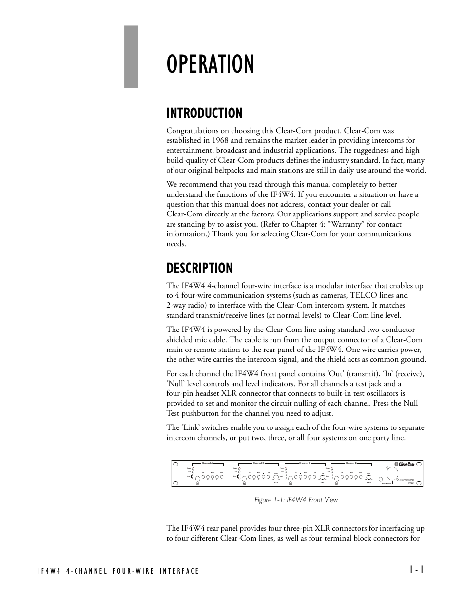 Operation, Introduction, Description | Operation -1, Introduction -1 description -1, Figure 1-1: if4w4 front view | Clear-Com IF4W4 User Manual | Page 7 / 20