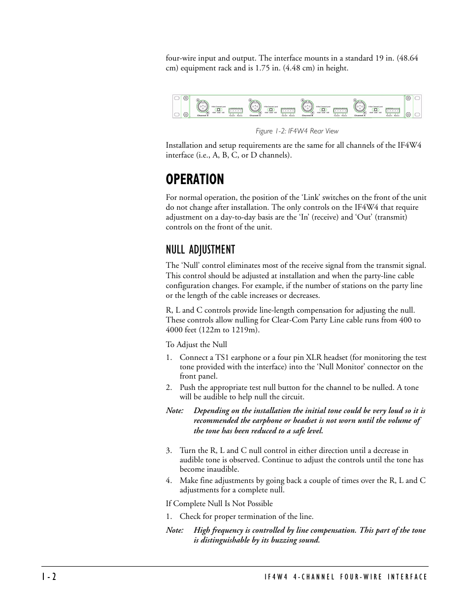 Operation, Null adjustment, Check for proper termination of the line | Operation -2, Null adjustment -2 | Clear-Com IF4W4 User Manual | Page 8 / 20