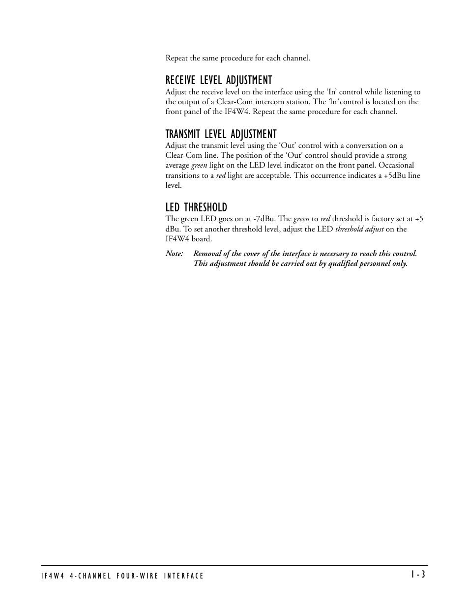 Receive level adjustment, Transmit level adjustment, Led threshold | Clear-Com IF4W4 User Manual | Page 9 / 20