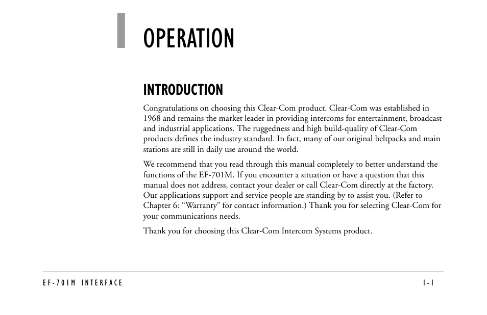 Operation, Introduction, Operation -1 | Introduction -1 | Clear-Com EF-701M User Manual | Page 11 / 62