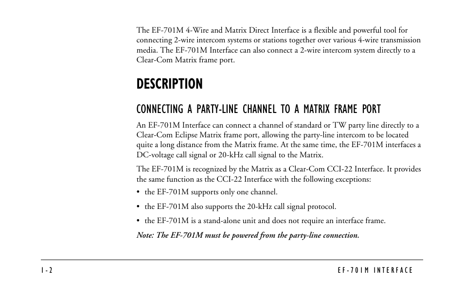 Description, Description -2 | Clear-Com EF-701M User Manual | Page 12 / 62