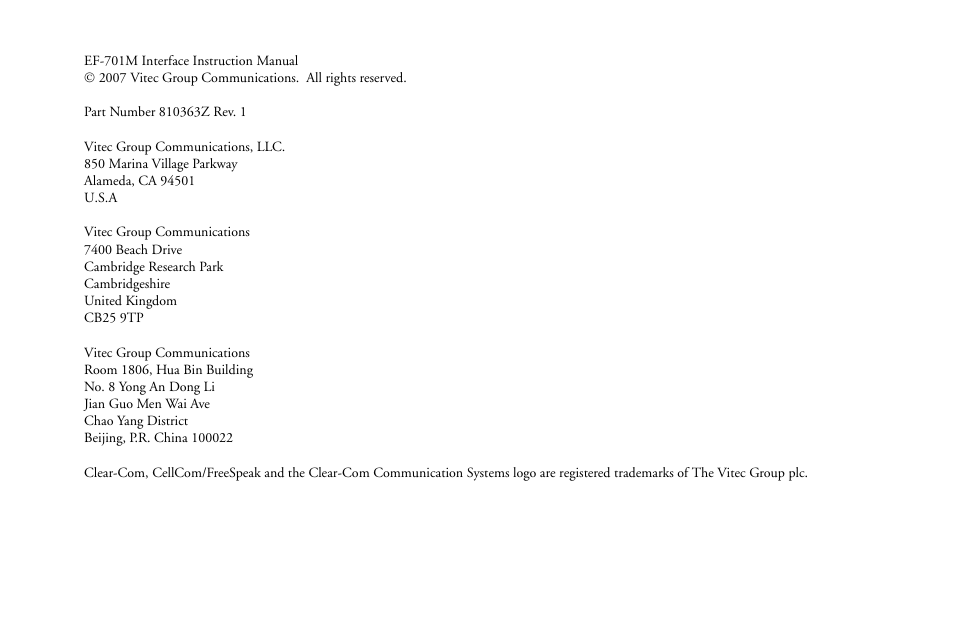 Clear-Com EF-701M User Manual | Page 2 / 62