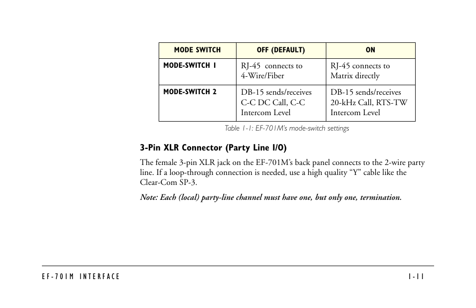 Table 1-1: ef-701m’s mode-switch settings, Pin xlr connector (party line i/o) -11 | Clear-Com EF-701M User Manual | Page 21 / 62