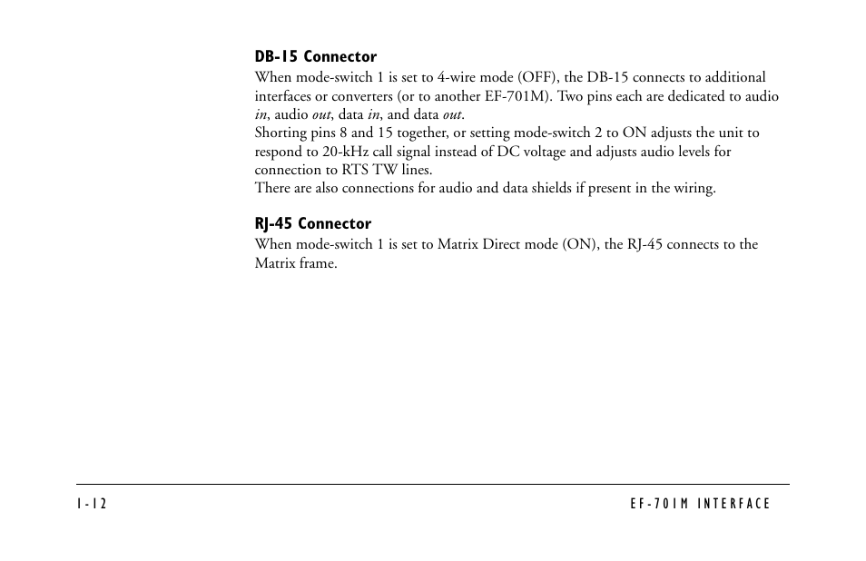 Db-15 connector -12 rj-45 connector -12 | Clear-Com EF-701M User Manual | Page 22 / 62