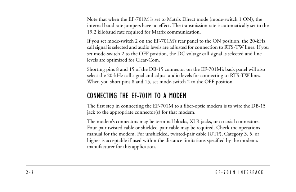 Connecting the ef-701m to a modem | Clear-Com EF-701M User Manual | Page 24 / 62