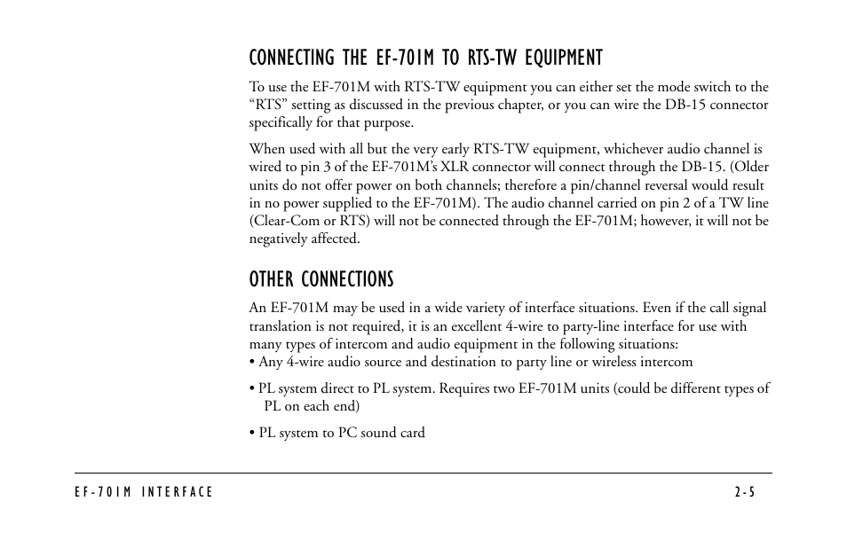 Connecting the ef-701m to rts-tw equipment, Other connections | Clear-Com EF-701M User Manual | Page 27 / 62