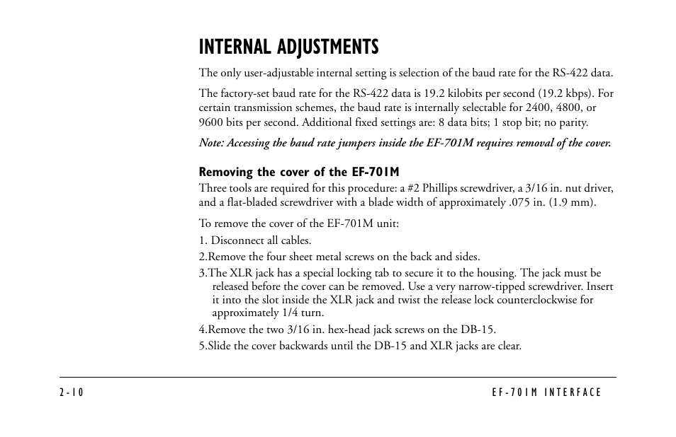 Internal adjustments, Disconnect all cables | Clear-Com EF-701M User Manual | Page 32 / 62