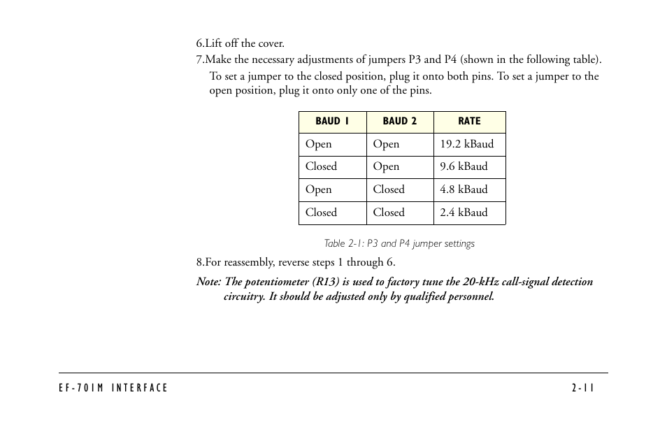 Lift off the cover, Table 2-1: p3 and p4 jumper settings, For reassembly, reverse steps 1 through 6 | Clear-Com EF-701M User Manual | Page 33 / 62