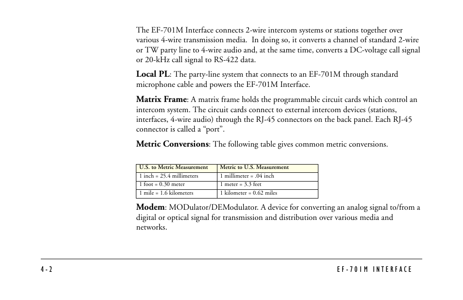 Local pl, Matrix frame, Metric conversions | Modem | Clear-Com EF-701M User Manual | Page 48 / 62